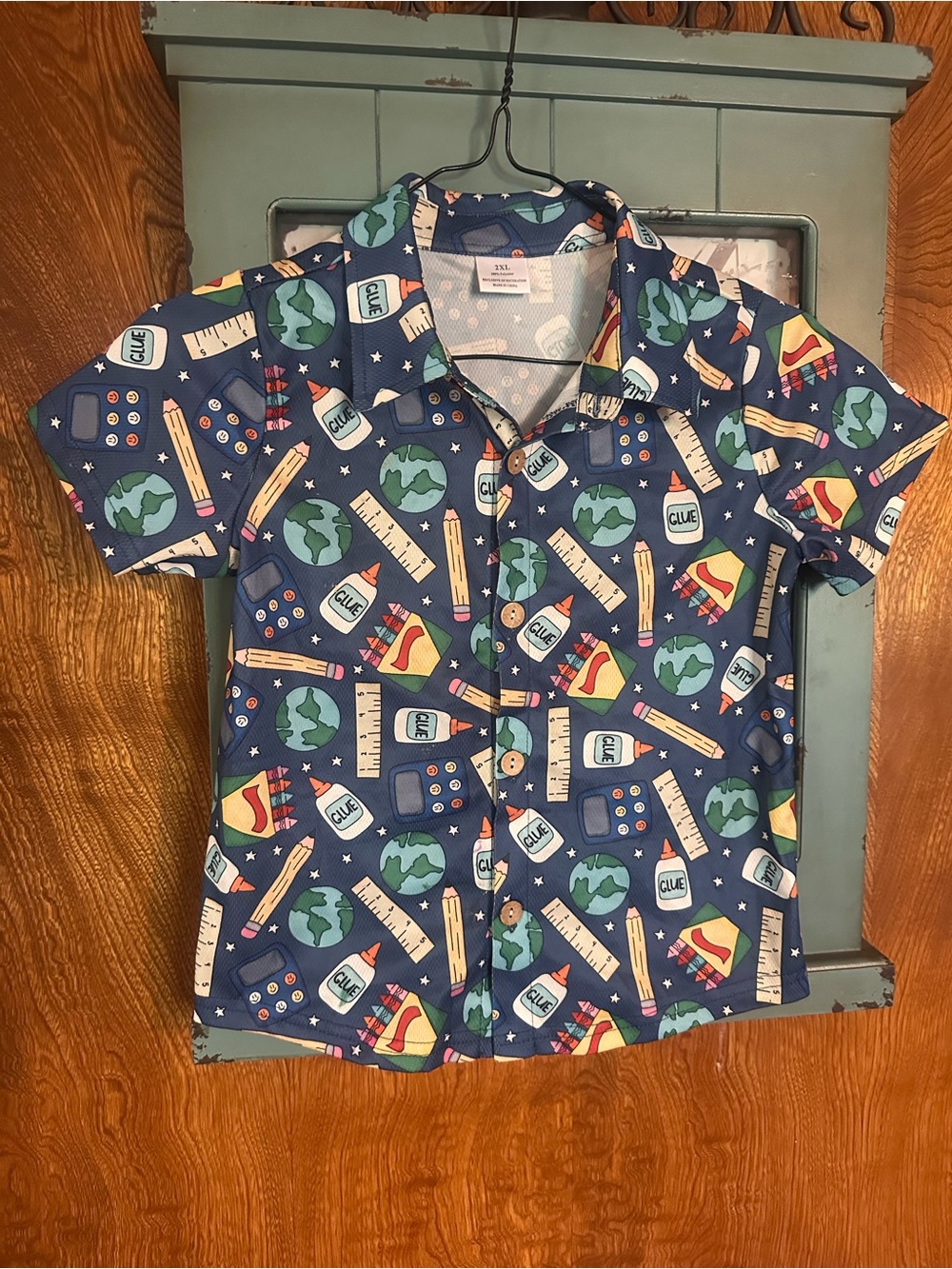 Kids Short-Sleeve Button-Up Shirt - Blue School Supplies Print